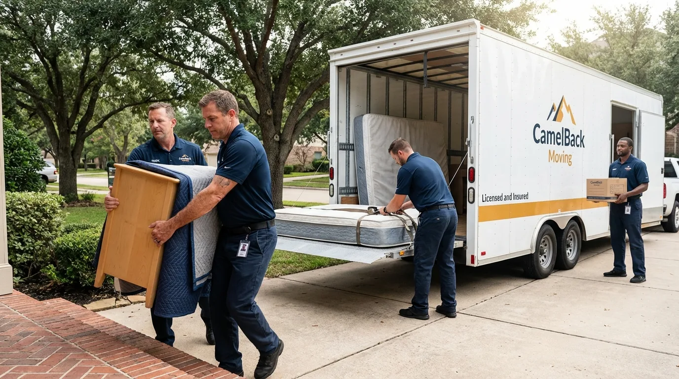 Crew loading residential truck for cross-state move from Saint Ignace, MI