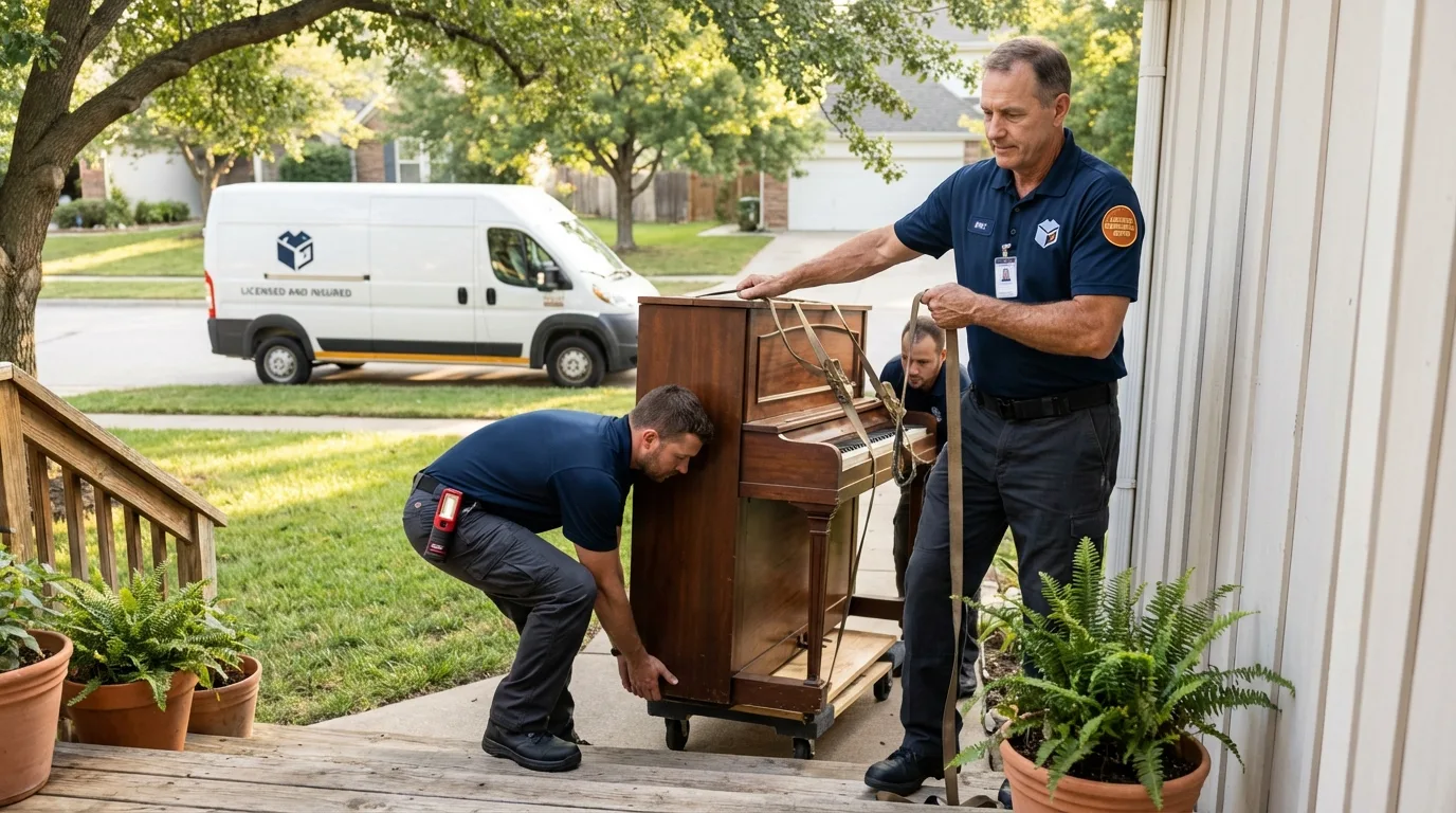 Licensed piano movers securing grand piano in Saint Ignace, MI