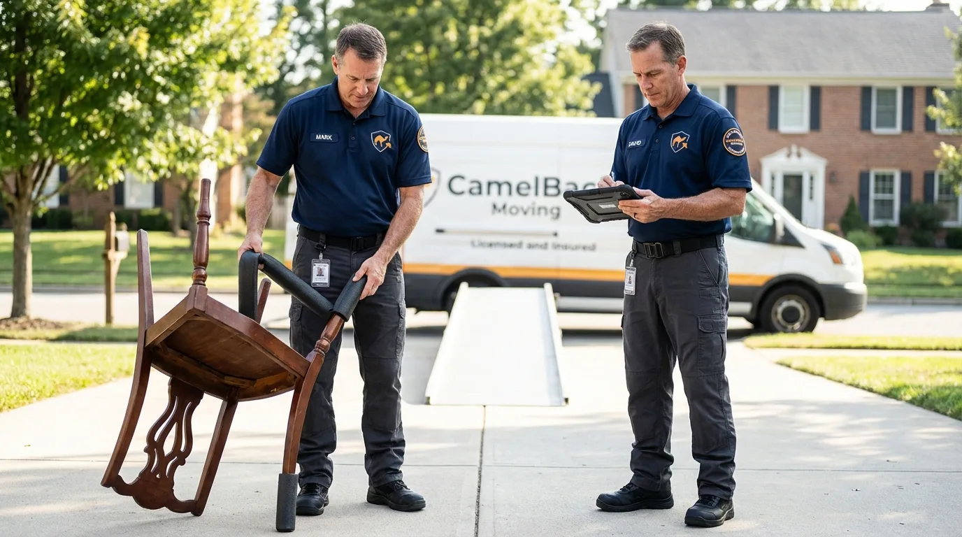Movers inspecting furniture for damage prevention before loading in Saint Ignace, MI