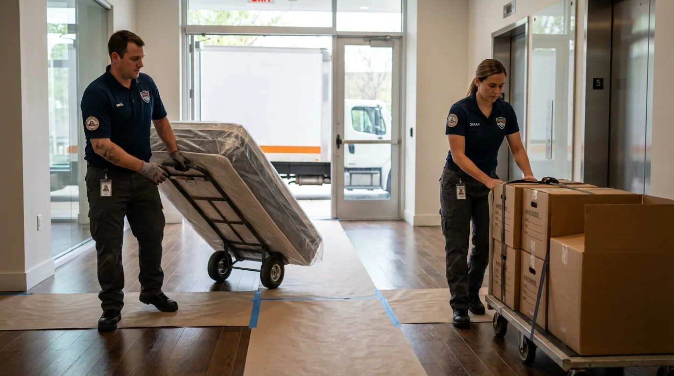 Professional apartment movers loading elevator in Saint Ignace, MI